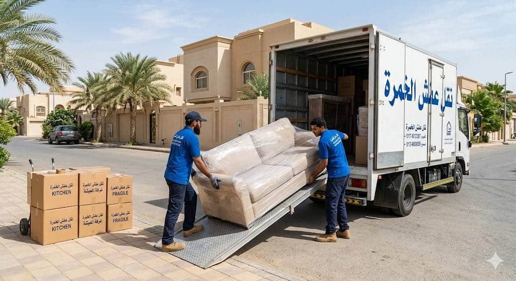 فريق عمل محترف يقوم بتغليف ونقل الأثاث بعناية فائقة داخل حي الخمرة بجدة باستخدام شاحنات نقل مجهزة