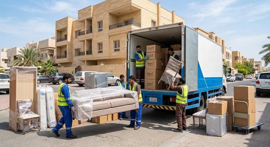 فريق عمل محترف يقوم بتغليف ونقل الأثاث بعناية فائقة ضمن خدمات نقل عفش حي الكندرة بجدة لضمان حماية الممتلكات ووصولها بأمان تام وبدون أي خدوش.