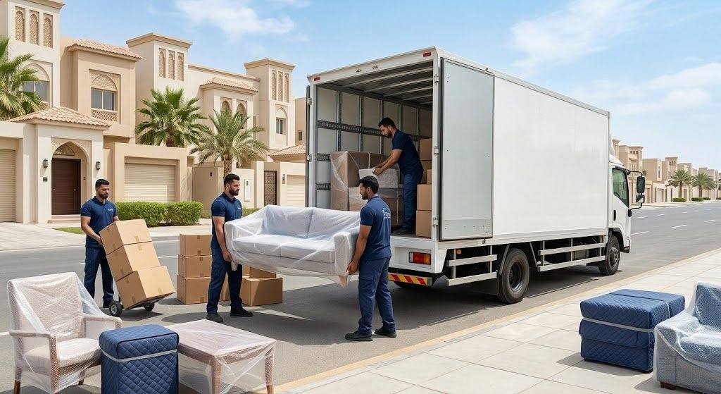 فريق عمل محترف يقوم بتغليف ونقل الأثاث بعناية فائقة ضمن خدمات نقل أثاث حي الحرة بجدة لضمان حماية الممتلكات ووصولها بأمان تام وبدون أي خدوش.
