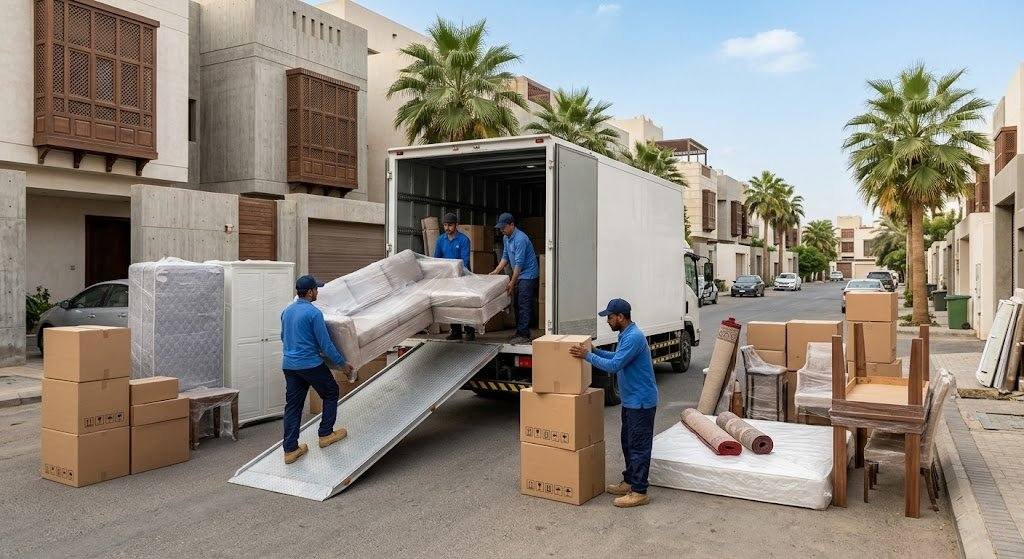 فريق عمل محترف يقوم بتغليف ونقل الأثاث بعناية فائقة ضمن خدمات نقل عفش حي مشرفة لضمان حماية الممتلكات ووصولها بأمان تام وبدون أي خدوش.