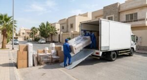 فريق عمل محترف يقوم بفك وتغليف ونقل الأثاث بعناية ضمن خدمات نقل عفش حي الشراع بجدة لضمان حماية المنقولات وسلامتها.